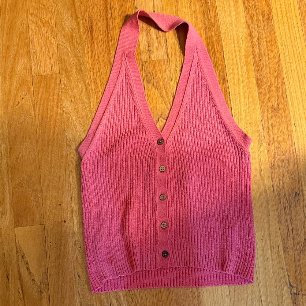 Free People Pink Ribbed Button-Front Halter Tank - Picture 2 of 6